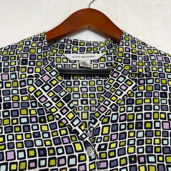 August Max Woman 12W 100% Silk Retro Print Buttoned Top Funky 70s Luxury Costume - Picture 2 of 10